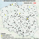 Mapa Polski z naniesionymi punktami, gdzie do szło do wypadków śmiertelnych.